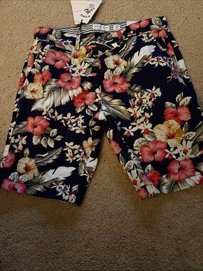 Denim & Flower Navy Floral Hybrid Swim Shorts with Coral and Yellow Blooms